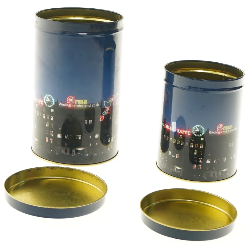 Metaldåser med bymotiv fra Coop (str. Ø 10 og 11,5 cm længde 13 og 18 cm)