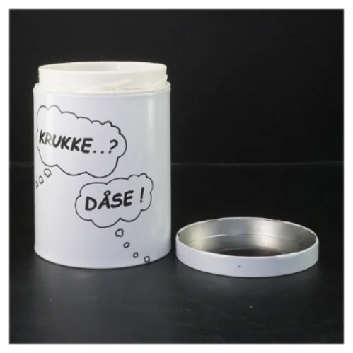 Hvid metal dåse med tekst (str. Ø 11 cm længde 15 cm) fra Irma