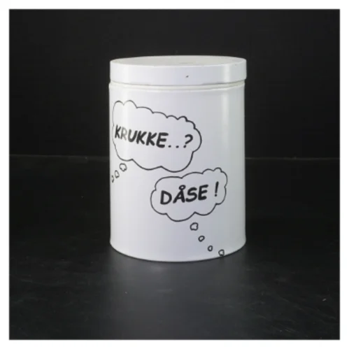 Hvid metal dåse med tekst (str. Ø 11 cm længde 15 cm) fra Irma