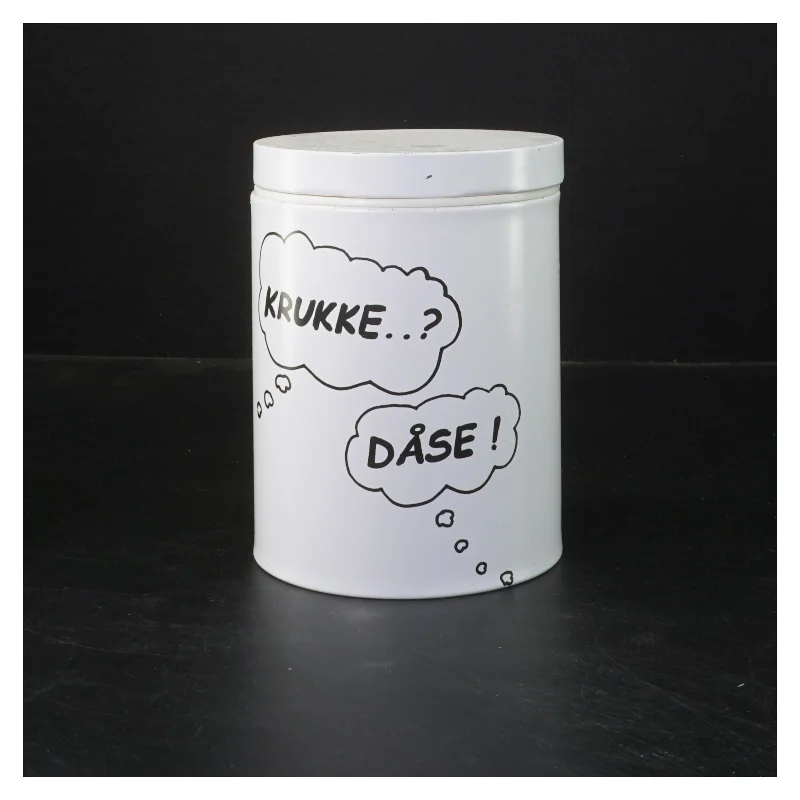 Hvid metal dåse med tekst (str. Ø 11 cm længde 15 cm) fra Irma