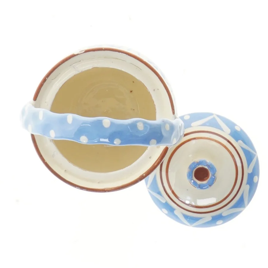 Lerpotte med låg og hank (str. 15 cm)