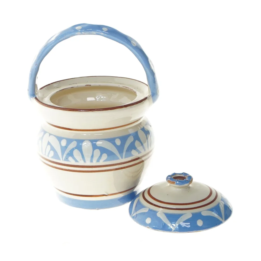 Lerpotte med låg og hank (str. 15 cm)