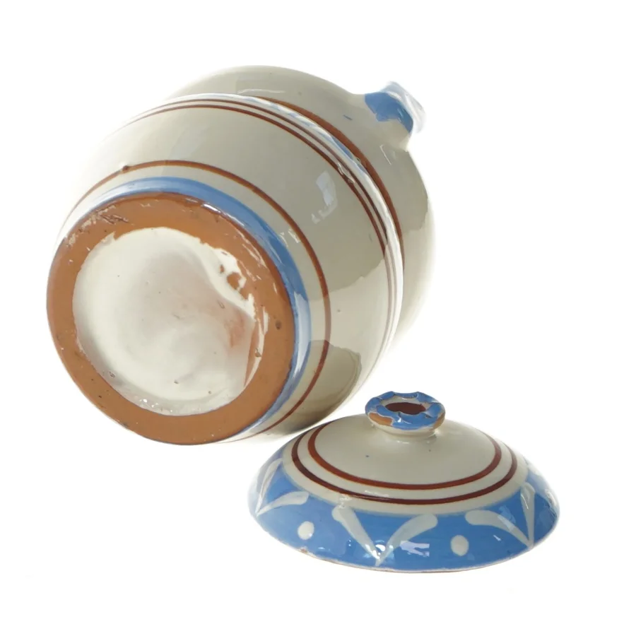 Lerpotte med låg og hank (str. 15 cm)