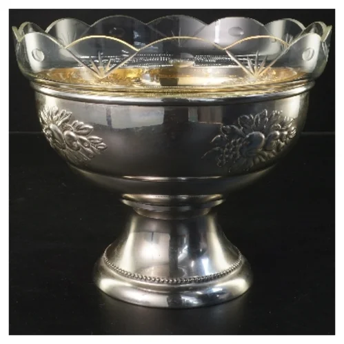 Glasskål med metal opsats (str. Ø 22 cm længde 19 cm)